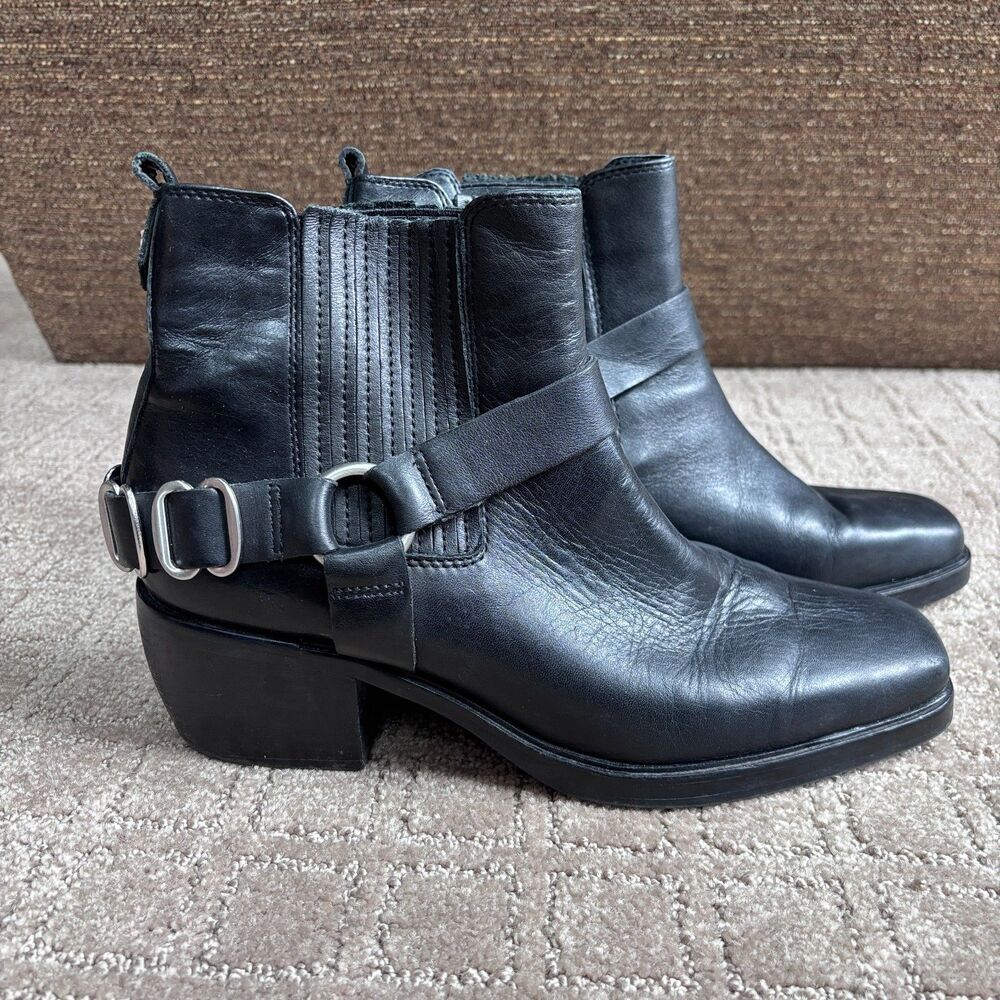 Sam Edelman Bellamie Black Leather Pull-On Ankle Boots Sq Toe Harness Womens 9M
